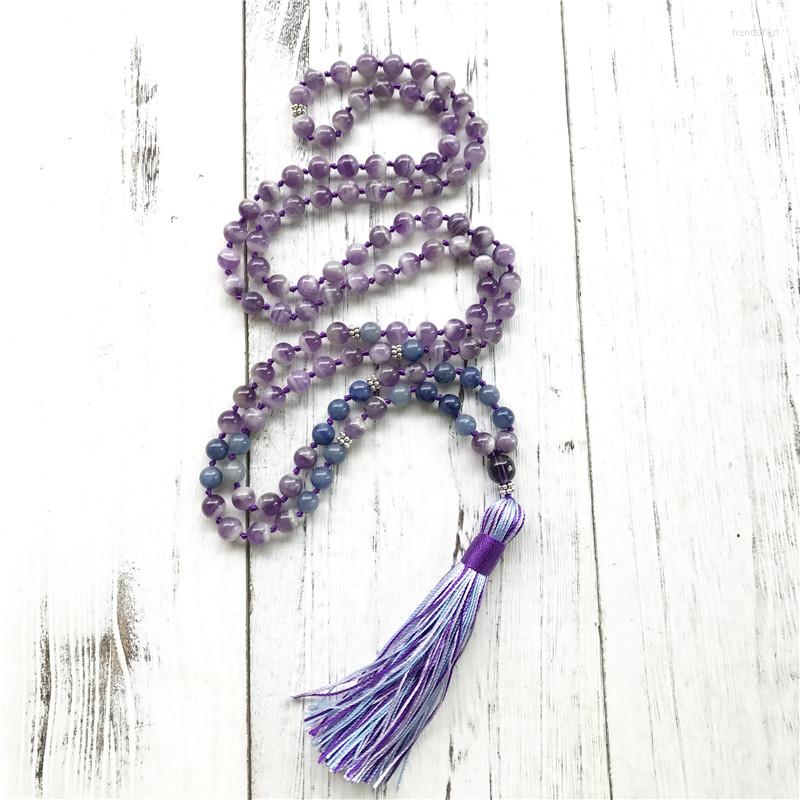 

Pendant Necklaces 108 Mala Beads Necklace Meditation Tassel Buddhist Prayer Purple Quartz & Blue Aventurine For Calming Stress