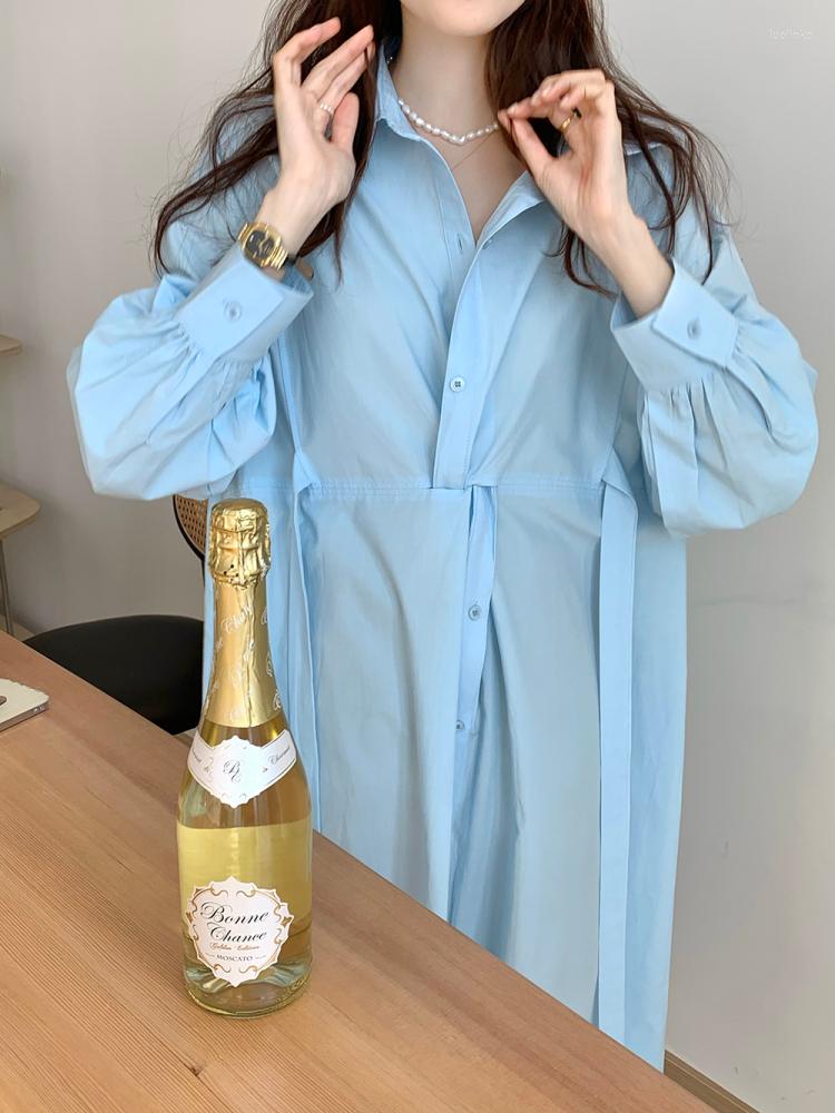 

Casual Dresses Women Summer Elegant Loose Long Shirt Dress 2022 Female High Waist Twist Knot Single Breasted Full Sleeve Chic Sundress, Blue