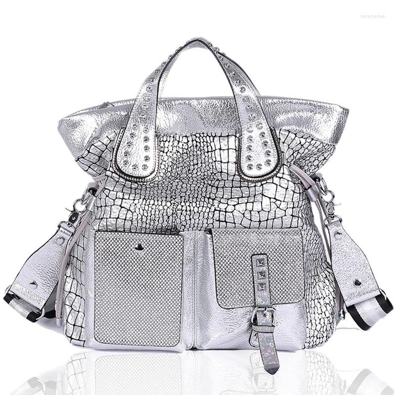 

Evening Bags Women's Soft Leather Handbag 2022 Fashion Silver Shoulder Messenger Female High Capacity Black Travel Tote