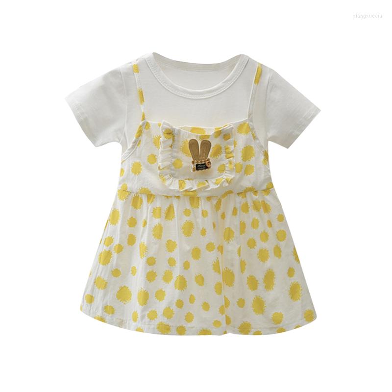 

Girl Dresses Summer Girls Dress Short Sleeve Crewneck Dots Print Patchwork With Front Pocket Cotton Clothes, As photo shows