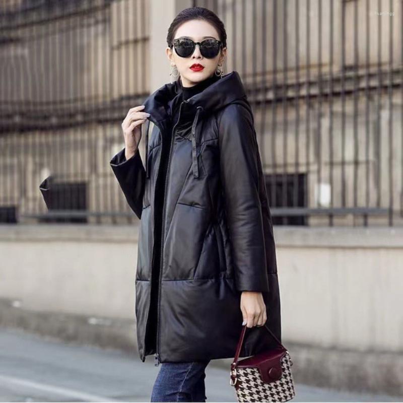 

Women's Leather Winter Women's Cold Coat Medium Long Pu Clothing Cotton Padded Jacket Jackets Korean Fashion, Black