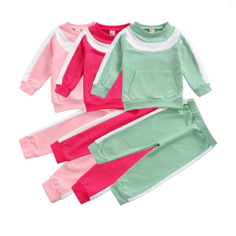 

Clothing Sets 2 Pieces Kids Suit Set Toddler O-Neck Long Sleeve Pullover With Big Pocket Trousers For Girls 1-5 Years, Rose red