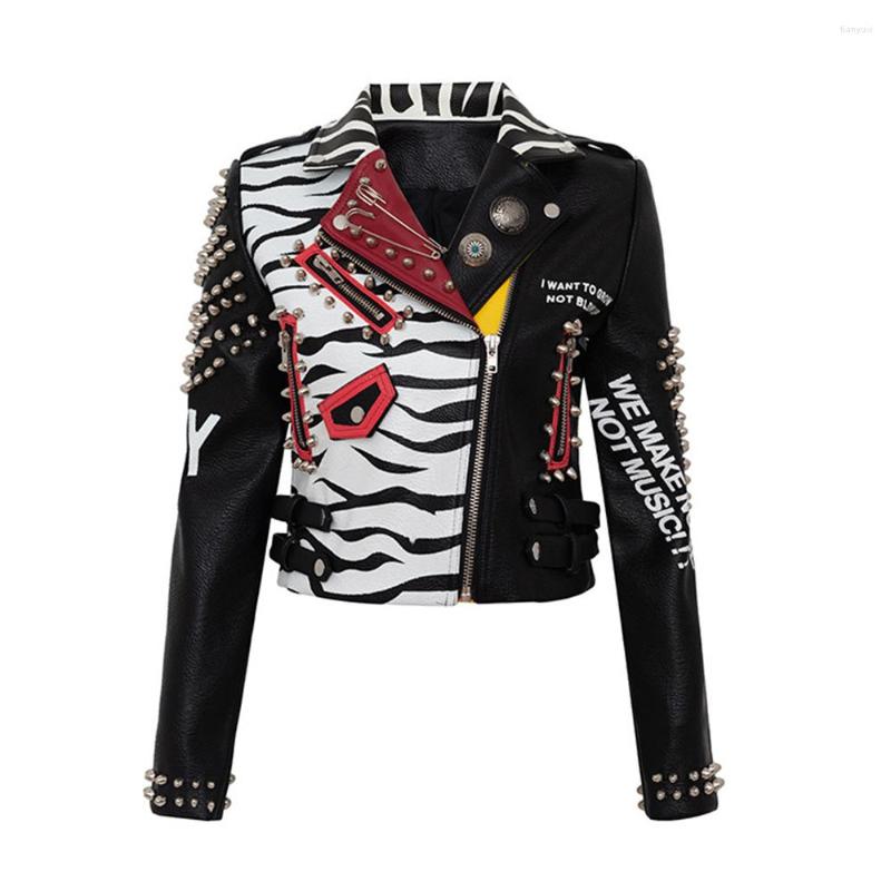 

Women' Leather High Street Classic Women Motorcycle Jacket Graffiti Spiked Punk Jackets Rockers Style Plus Size XXXL, Black