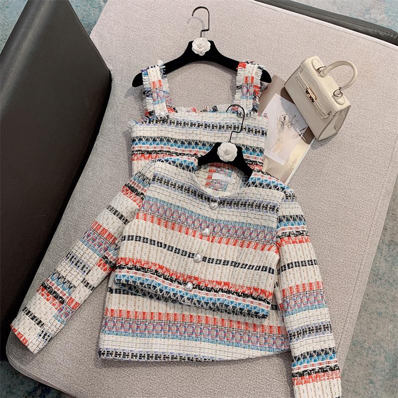 

Work Dresses PREPOMP 2022 Autumn Arrivals Sleeveless Short Tweed Dress Round Neck Pearls Buttons Coat Two Piece Set Women GG779