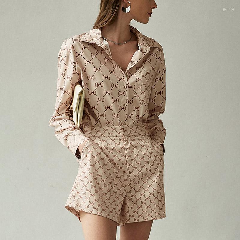 

Casual Dresses Elegant Shorts Sets Silk Shirt For Women Fashion Long Sleeve Pocket Print Two Piece Set 2022 Summer Work Satin Suit, Multi