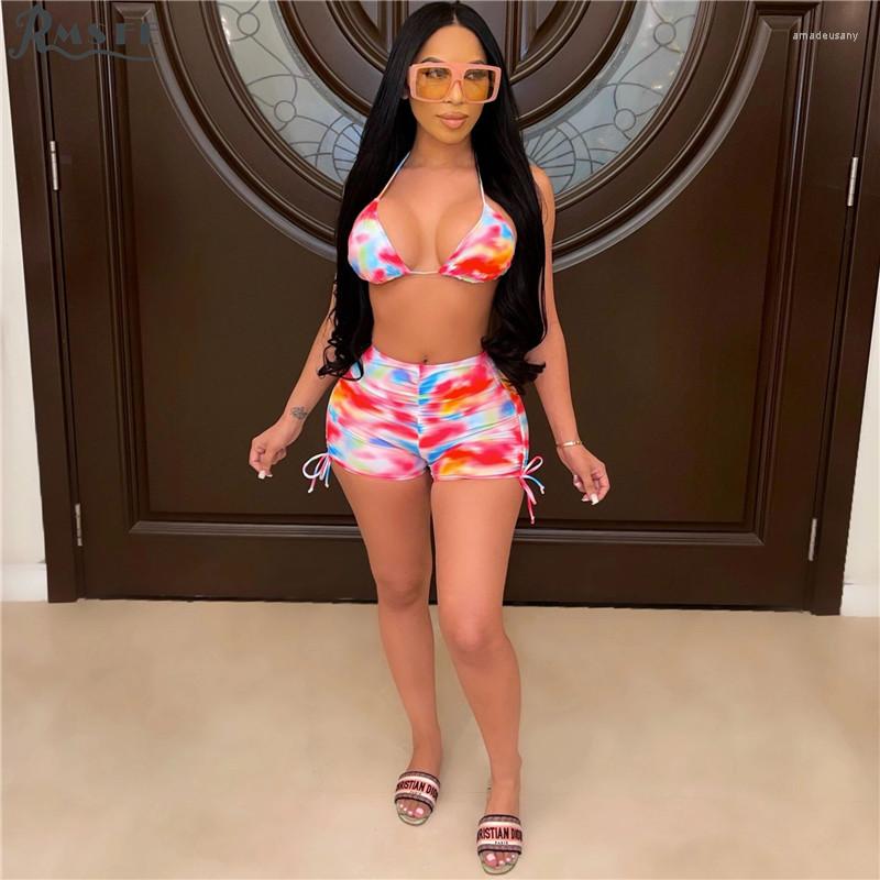 

Women' Tracksuits RMSFE 2022 Sexy Color Print Sleeveless Suspenders Night Club Party Vest Elastic Belt Drape Tight Shorts 2 Piece, Colours