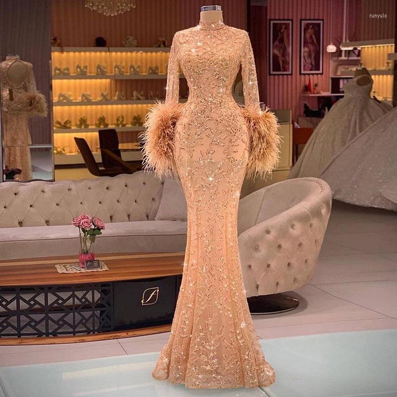 

Party Dresses Chmapgane Long Sleeves Mermaid Prom Lace Applique Sequin Evening Gowns 2022 High Neck Women Wear, Ivory