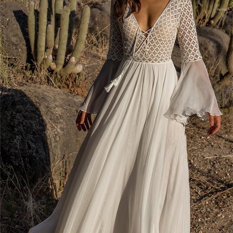 

Casual Dresses Sexy Lace Up Deep V Neck 2022 Summer Beach Tunic Dress Flare Sleeve Patchwork White Chiffon Maxi Swimsuit Cover-Ups