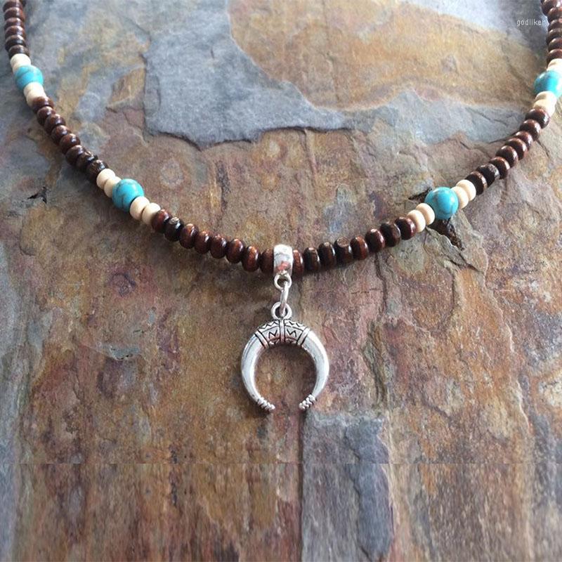 

Choker Men's Turquoise Necklace Ox Horn Wooden Beaded