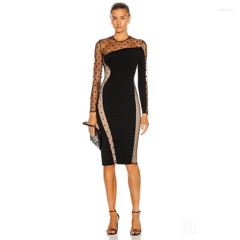 

Casual Dresses 2022 Fall Women Clothing Black Sexy Mesh Polka Dot Print Dress Slim Office Lady Long Sleeve Party Vestidos Club BD2088