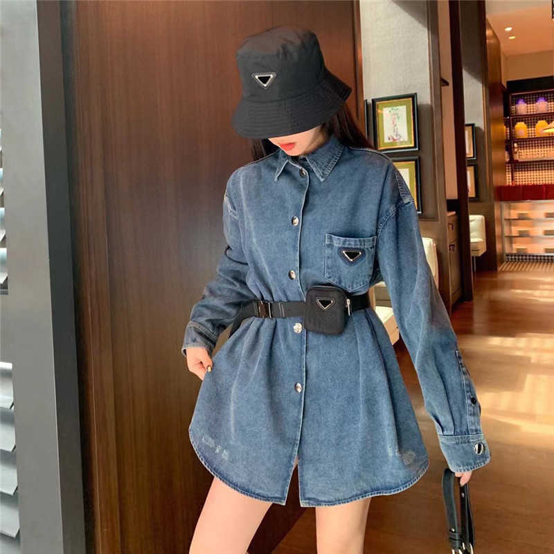 

23Casual Denim Shirt Dress Waist Bag Decoration Belt Buckle Dresses Long Sleeve Triangle Label Skirts For Women Streetwear, 1#