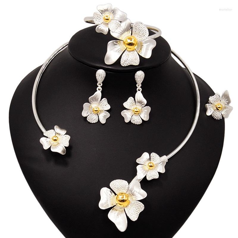 

Necklace Earrings Set Yulaili Dubai Gold Jewelry For Women Wedding Flowers Charm Bracelet Ring Party Accessories Jewelery, Picture shown