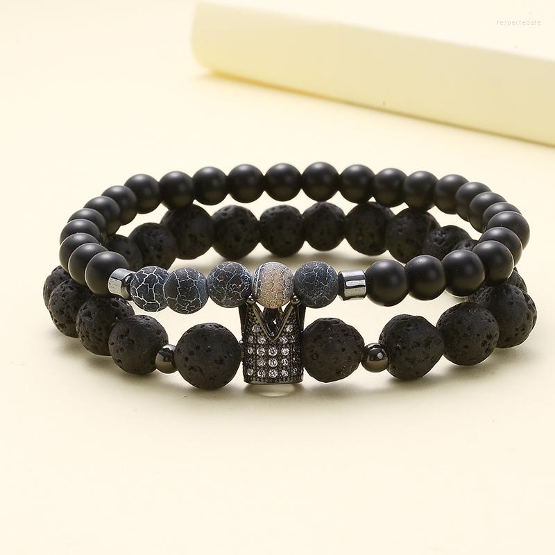 

Strand Elastic Rope CZ Crown Bracelet 8mm Black Lava Stone Beads Distance Bracelets Couple For Men Women