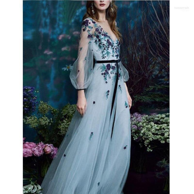 

Casual Dresses Party Dress Women Summer Fashion Elegant Long Light Blue V-neck High Quality Lady Clothing Selling