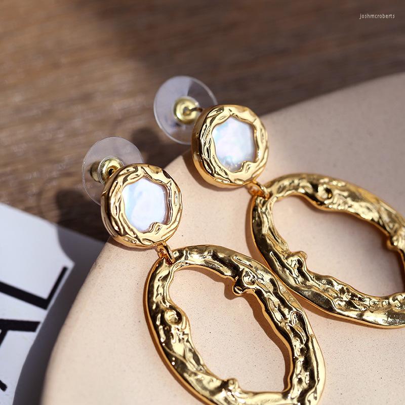 

Dangle Earrings Women Oval Drop Button Baroque Pearl Fashion Gold Plated Jewelry