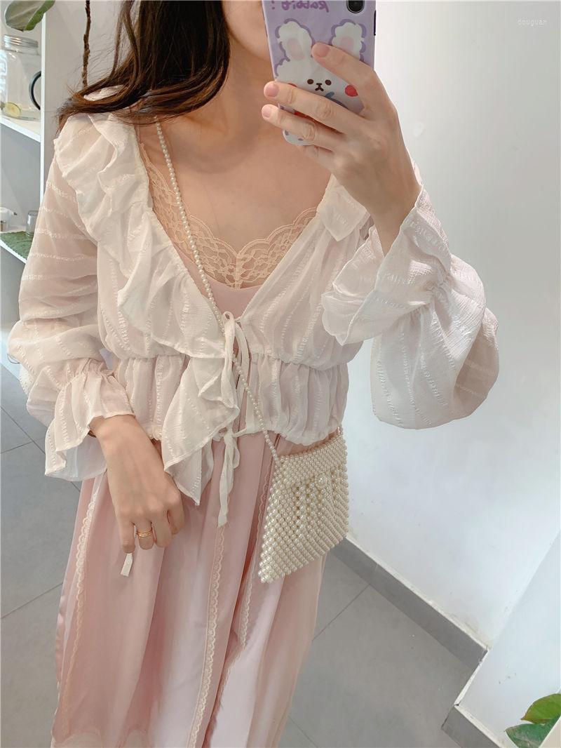 

Women's Blouses 2022 Design Sense Of Minority Korean Chiffon Top Lotus Leaf Edge Long Sleeve Lace Up Slightly Transparent Versatile Blouse, Ivory