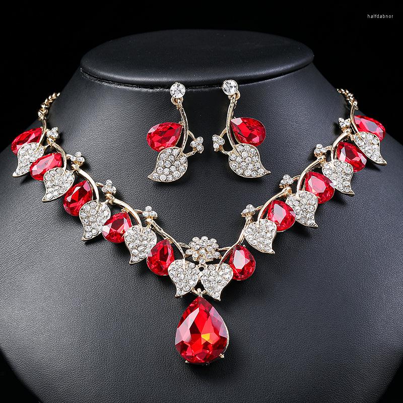

Necklace Earrings Set KMVEXO 2022 Leaves Teardrop Crystal Wedding Party Gold Color Rhinestone Bridal Bijoux Femme, Picture shown