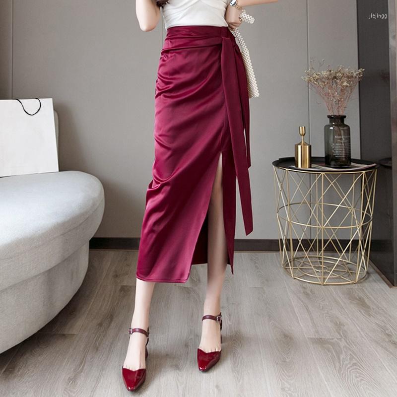 

Skirts Spring Fashion 2022 Women Irregular Side Slit Elegant Office Ladies Pencil Skirt Wine Red Black Lace-Up OS024