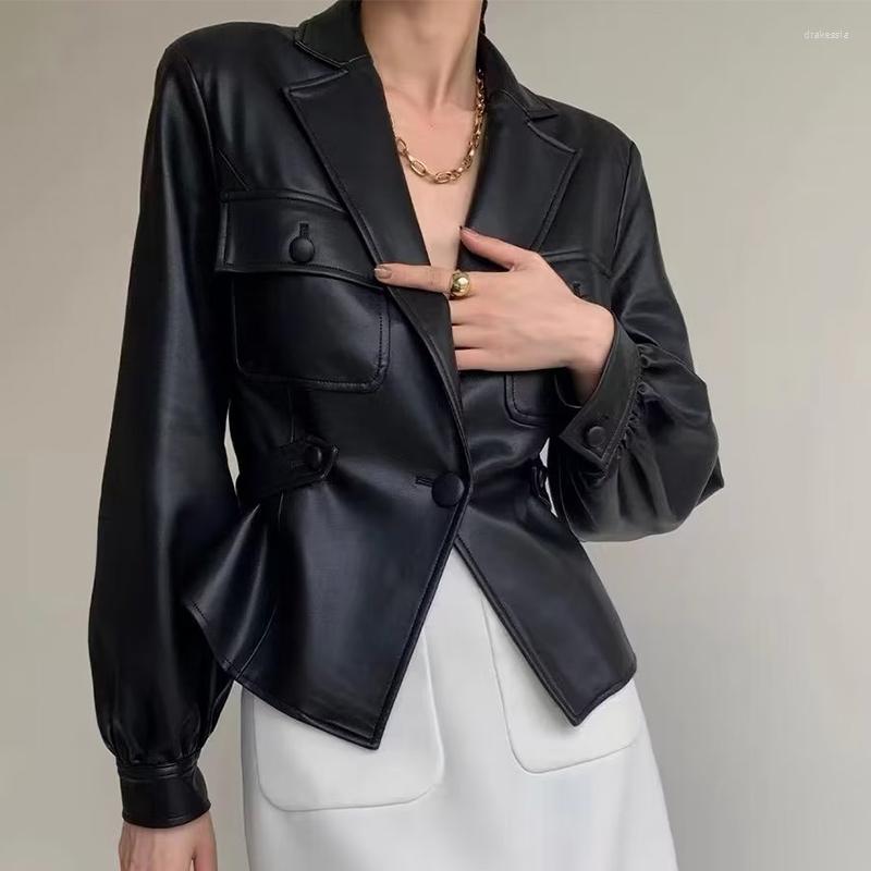 

Women's Leather Ardm French Faux Belt Winter Slim Jackets Casual Notch Collar With Pockets Long Sleeve Black Coat Women Pu Outerwear