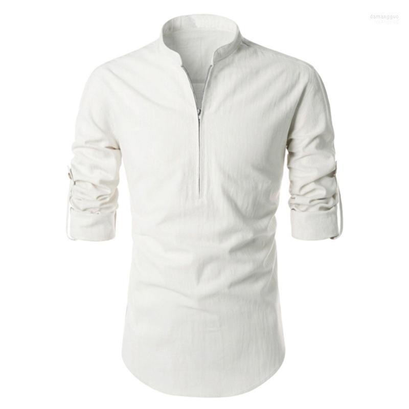 

Men's Casual Shirts Men's Blouse Cotton Shirt Loose Tops Short Sleeve V Neck Zipper Spring Autumn Summer Handsome Men, Black