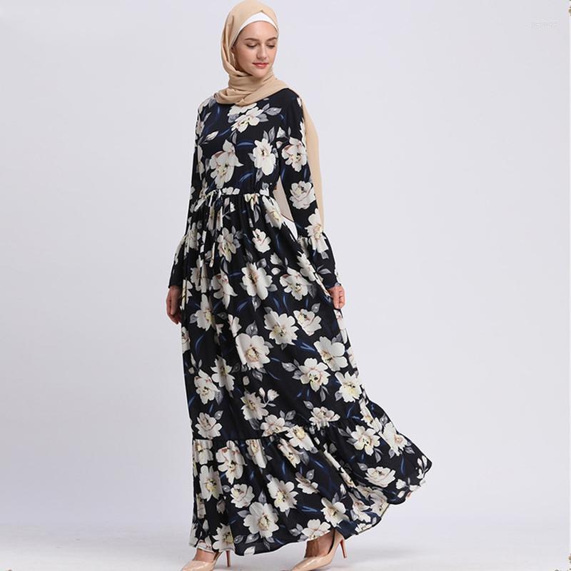

Casual Dresses Middle East Dubai Muslim Sweet Hijab Dress Women Print Floral Lace-up Big Swing Abaya Musulman Islamic Clothing Kimono, Navy
