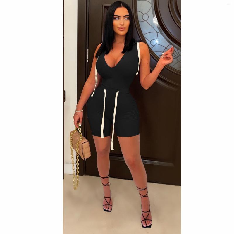 

Women' Tracksuits 2022 Summer Novelty Solid Young Sexy Club Cross Bandage Hooded Tank Sleeve Short Pants Skinny Women 2 Piece Set, Black
