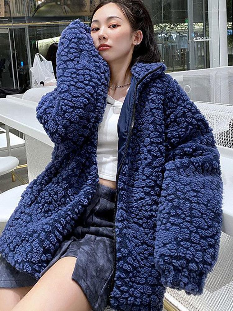 

Women' Fur Plush Jacket Women Winter 2022 Korean Long Sleeve Version Of Loose Lamb Wool Faux Print Coat, Blue