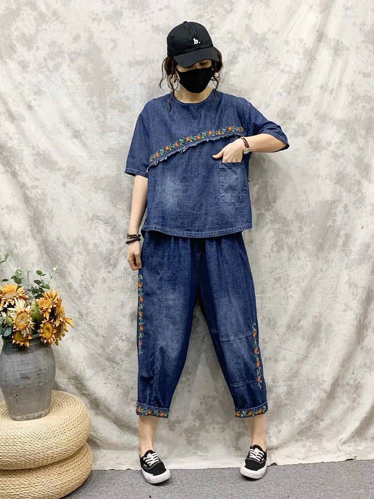 

Women's Two Piece Pants Women's Summer Clothes Korean Fashion Tops Tees Women Denim 2 Pieces Sets Loose Punk Outfit Short Sleeve, Blue