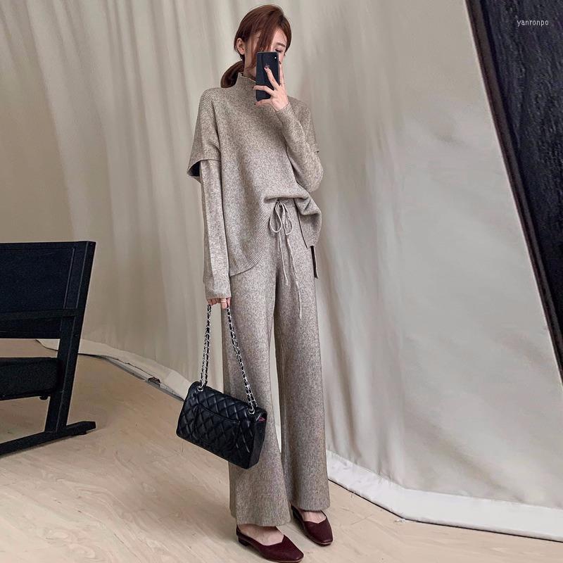 

Women's Two Piece Pants Women's Sweater Set Women's Autumn And Winter -piece Knitted Wide -leg Half -high Collar Top Vest Outside, Beige