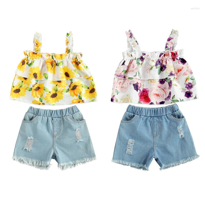

Clothing Sets 2 Pieces Kids Suit Set Girls Flower Print Square Collar Sleeveless Tops Denim Shorts For Summer 2-7T, Pink