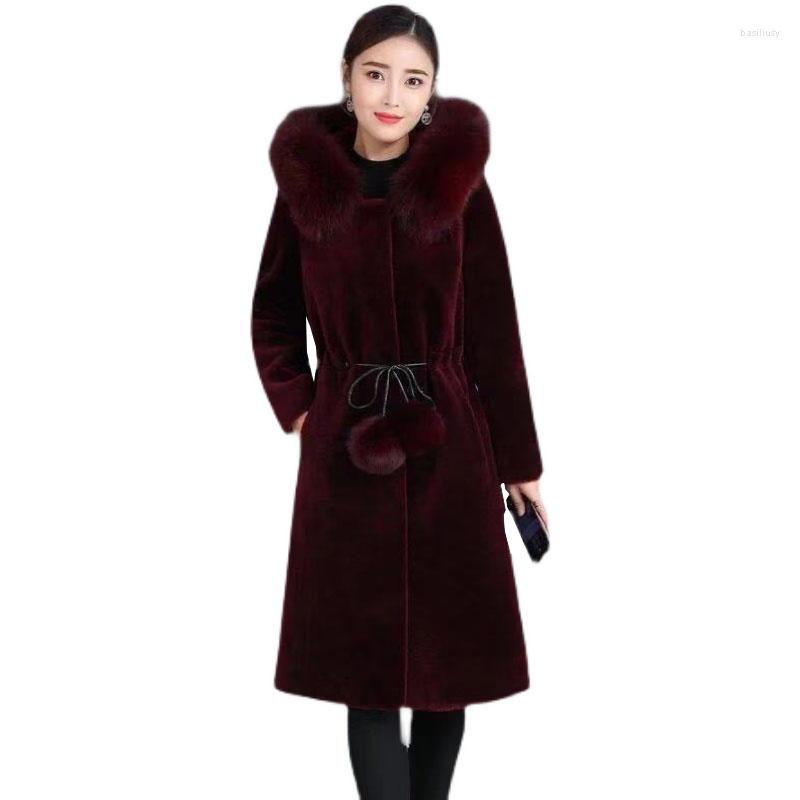 

Women' Fur Women Winter Clothing Thick Warm Hood Overcoat 2022 Elegant Lady Coats Slim Loose Imitation Mink Female Coat OK1118, Black