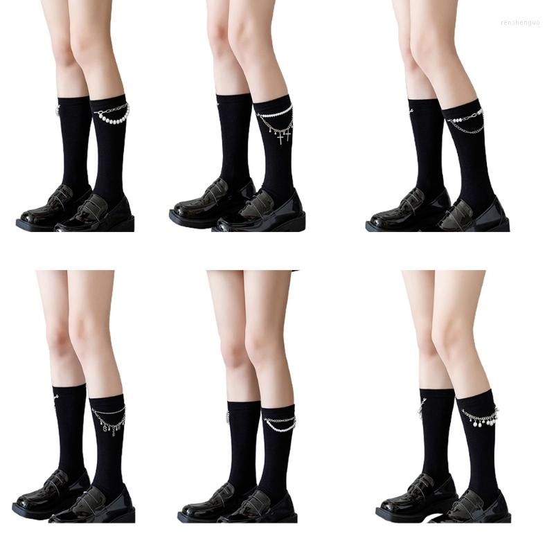 

Women Socks Gothic Punk Black Cotton Calf Harajuku Japanese Lolita Faux Pearl Beaded Metal Tassels Chain Tube Stockings F3MD, Single row of beads