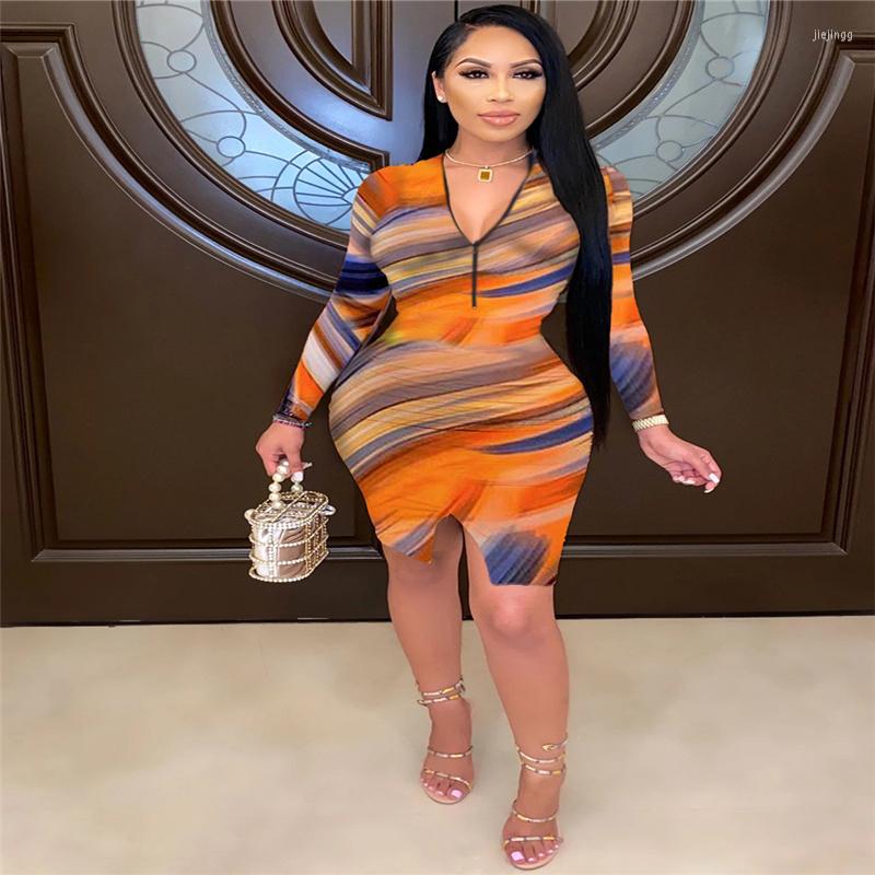 

Casual Dresses Women Spring And Autumn Multicolor Tie-dyed Long Sleeve V-neck Sexy Dress Home Fashion Slim, Multi