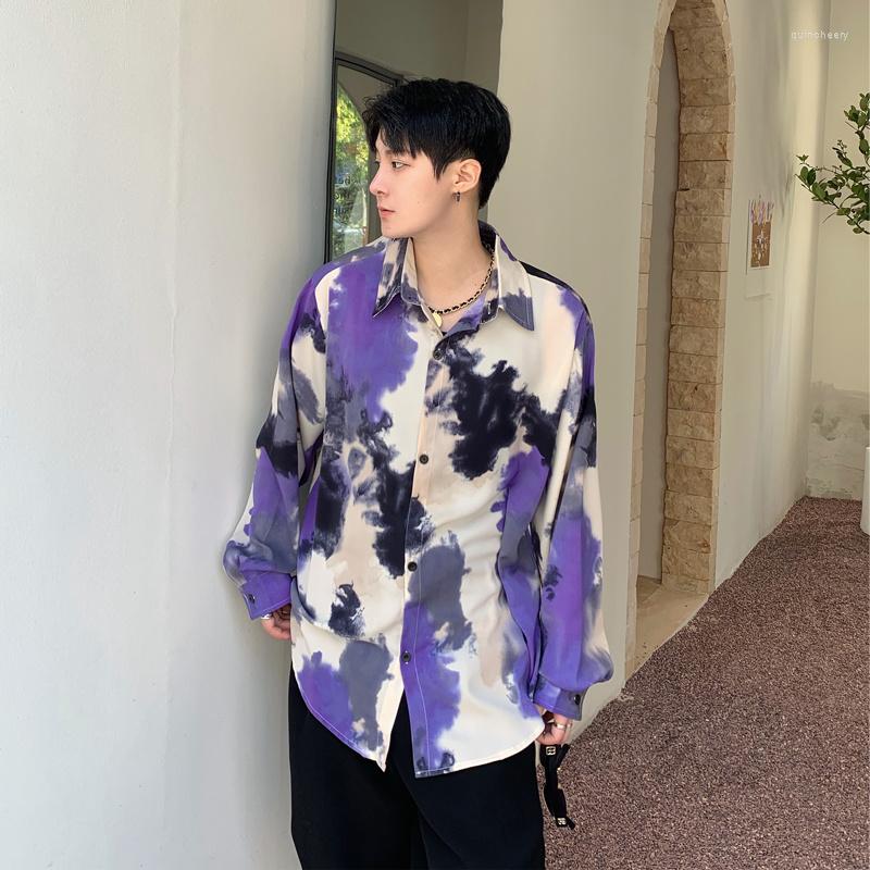 

Men's Casual Shirts Spring Purple Tie Dye Men Fashion Printed Korean Loose Oversized Mens Long Sleeve