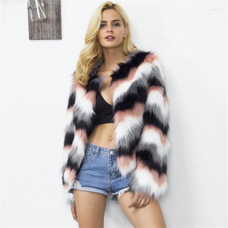 

Women' Leather Autumn Stripe Faux Mink Jacket Womens Winter Thicken Warm Fur Coat Women Slim Jackets Jaqueta De Couro, Multi