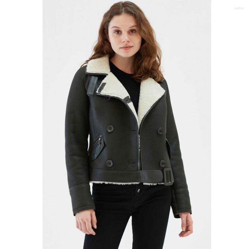 

Women's Leather Womens Casual Shearling Jacket Turkey Sheepskin Coat Dark Green Short Fur Coats