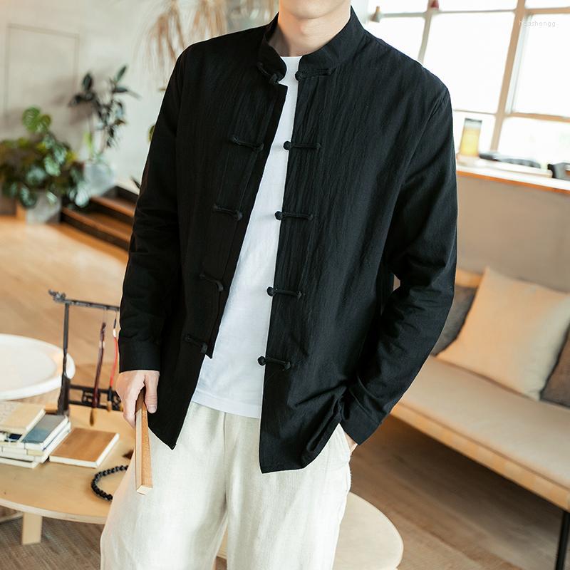 

Men's Casual Shirts Men's Chinese Style Shirt Men Cotton Linen Vintage Chemise Long Sleeve Tai Chi Ta, Black