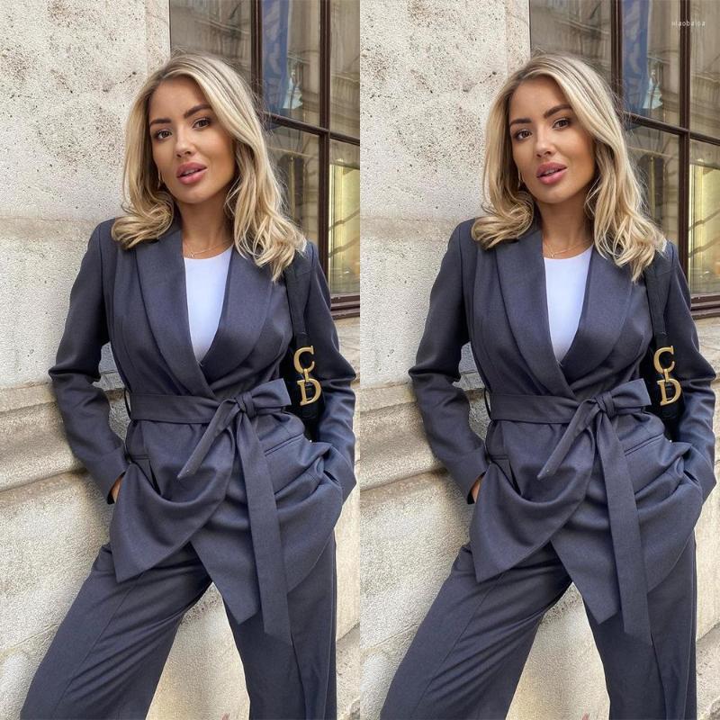 

Women's Two Piece Pants Streetwear Loose Women Suits 2 Pieces Daily Casual Wide Leg Jacket With Belt Custom Made Blazer, Black
