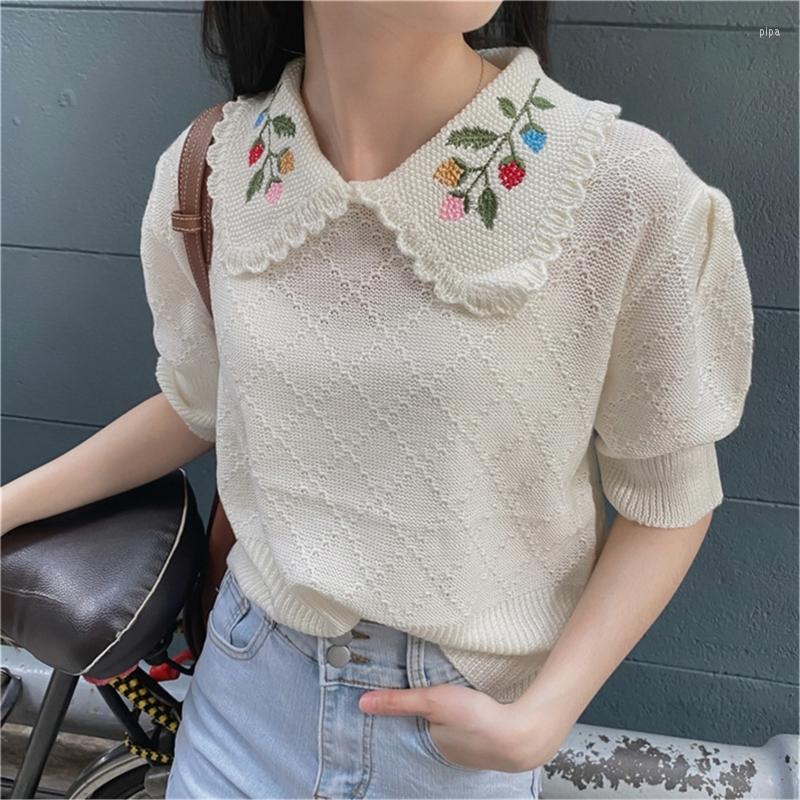 

Women's Polos Elegant Knitted T-shirts Tees Women Short Sleeve Doll Collar Fashion Ladies Casual Loose T Shirts Tops Blouses Knitwear, White
