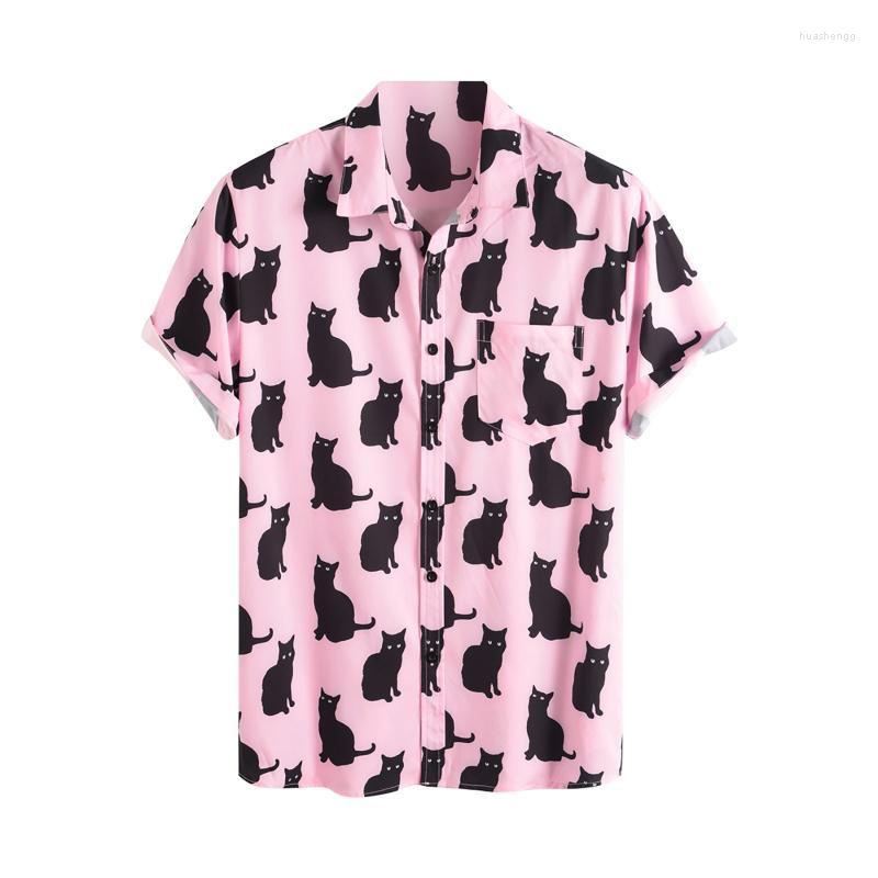 

Men' Casual Shirts Men' Cat Print Shirt Mens Floral Hawaiian Short Sleeve Button Turndown Collar Beach Harajuku Red Loose Tops, Pink
