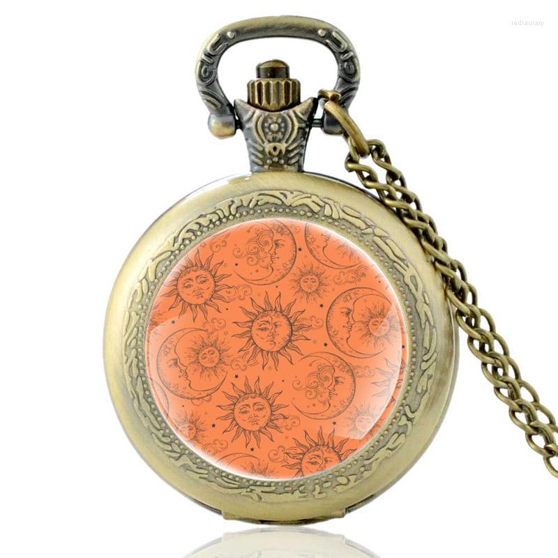

Pocket Watches Classic Sun Moon Design Vintage Quartz Watch Men Women Pendant Necklace Hours Chain Clock Gifts, Black