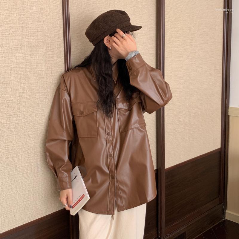 

Women's Jackets Women's 2022 Spring Autumn Faux Leather Shirt Jacket Women Long Sleeve Single-breasted Solid Color Streetwear Pu Coat, Black