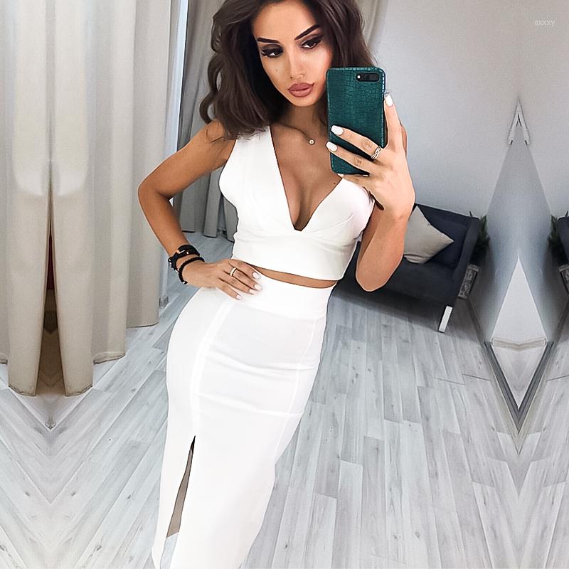 

Women's Two Piece Pants Women's Autumn Women White Pieces Bandage Set Sexy Spaghetti Strap Top Celebrity Evening Party SetsWomen's