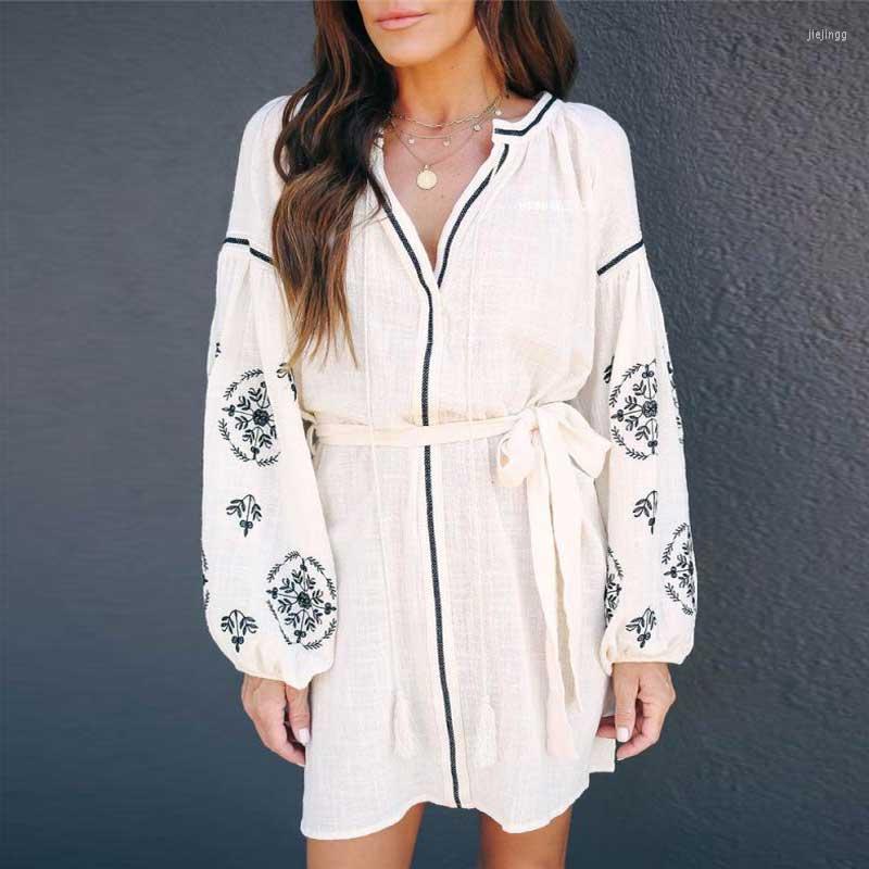 

Casual Dresses BOHO INSPIRED White Embroidery Dress For Women Long Sleeve Mini Belt Tie Bohemian Spring Summer