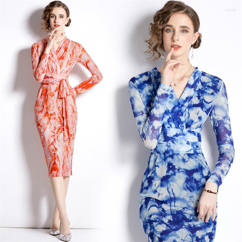 

Casual Dresses Women' Tie Dye Printed Long Sleeve Dress Autumn Orange Mesh V-Neck Slim Midi Retro Elegant Party Robe D838, Blue