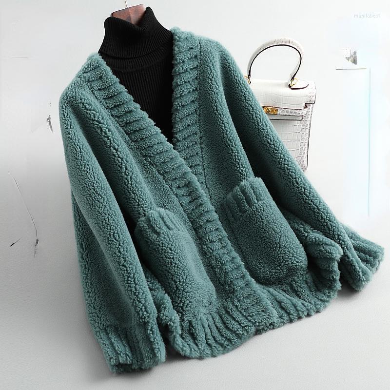 

Women' Fur 2022 Autumn Winter Sheep Shearing Overcoat Women Long Sleeve Casual Jacket Female Fashion Lamb Coat Soft Outwear Y116, Dark green