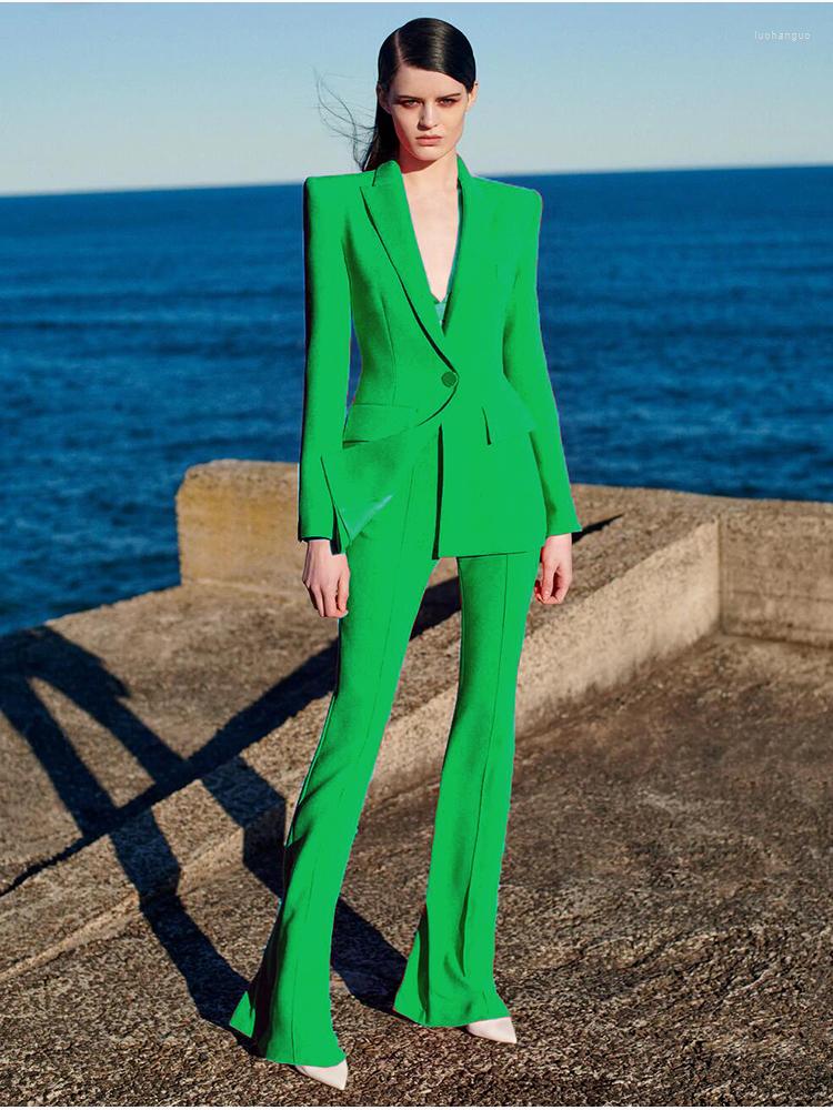 

Women' Two Piece Pants Suit Women' Single Button Colorblock Blazer Flared Long Sleeve Jacket Trousers 2 Professional Wear 2022, Green
