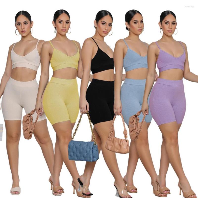 

Women' Tracksuits Casual Outfits Ribbed Knit Thin Spaghetti Strap Vest V Neck Tank Crop Tops Bodycon Tight Mini Yoga Shorts Gym Workout, Black