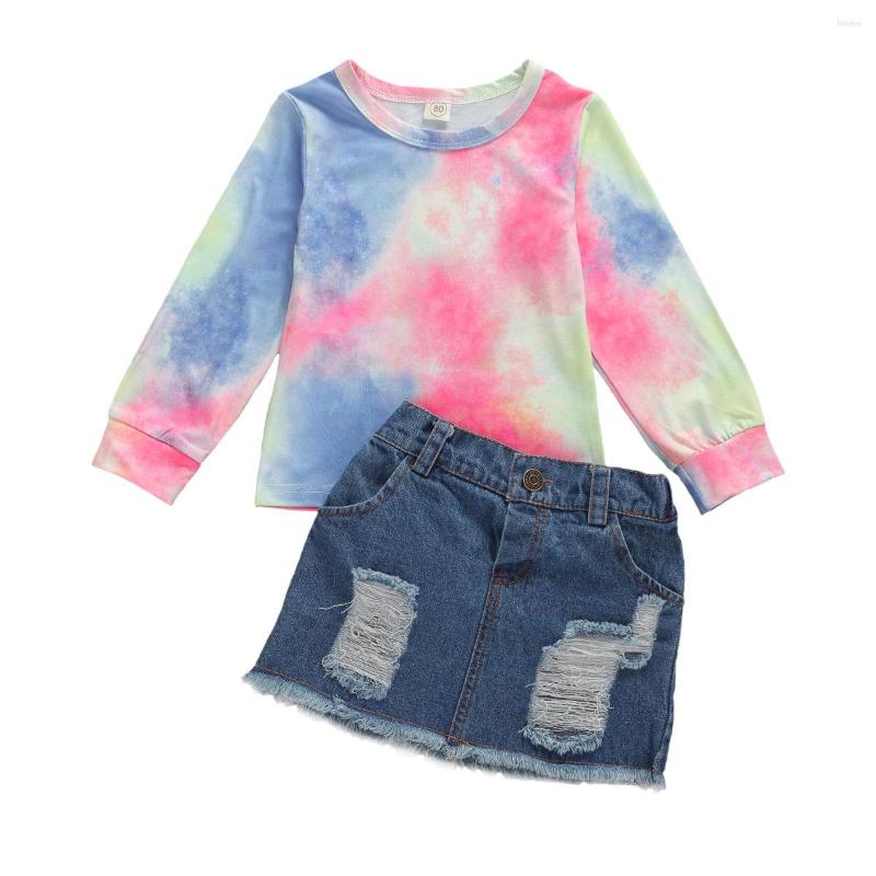

Clothing Sets 2022 Baby Spring Summer Toddler Kid Girl 2Pcs Set Fashion Tie-dye Long Sleeve Top Button Ripped Denim Skirt, Picture shown