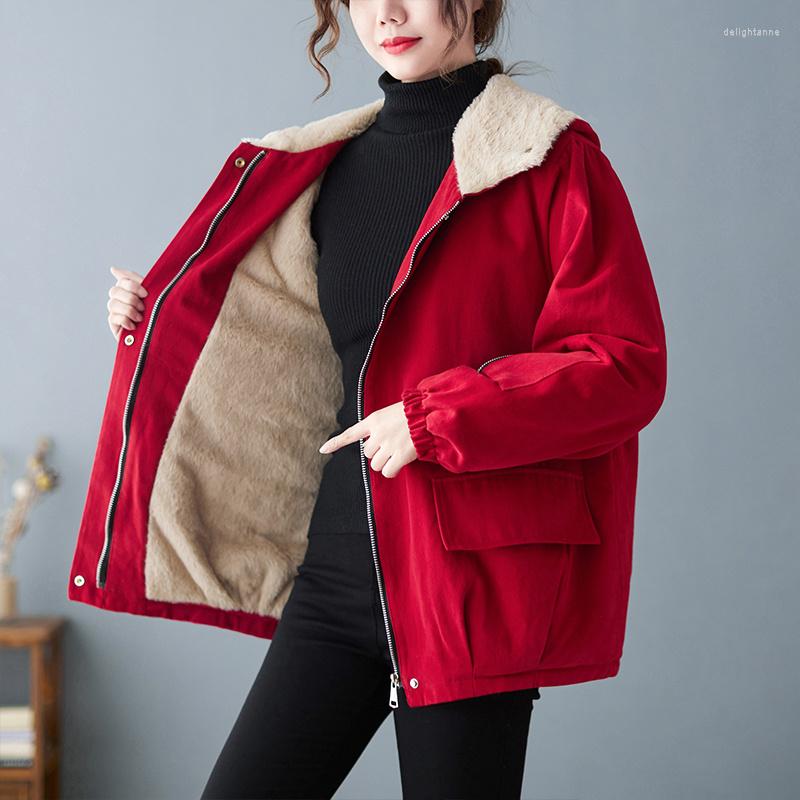 

Women's Down Winter Oversized Hooded Plus Fleece Warm Women Coat Jackets Red Black Loose Zipper Overcoat Female Casual Parkas Outerwear